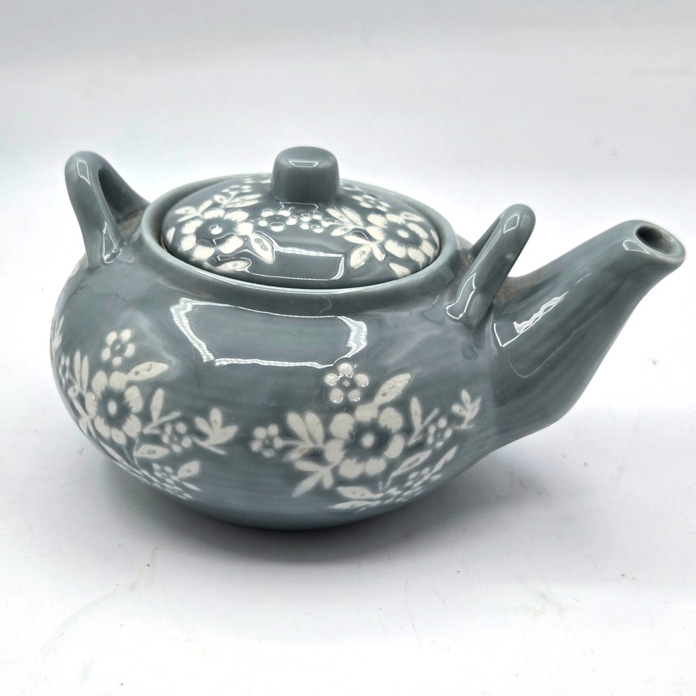 Porcelain Celadon Individual TeaPot For One With Strainer Bluish Gray & Floral